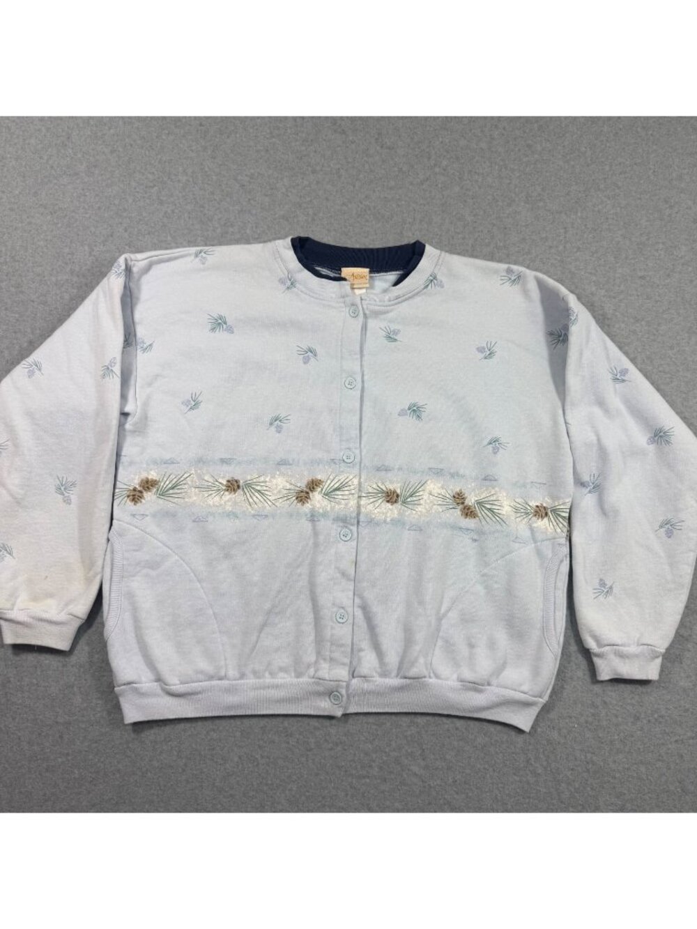 Vintage Artisans Women's L Pinecone Snow Print Button Cardigan Sweatshirt